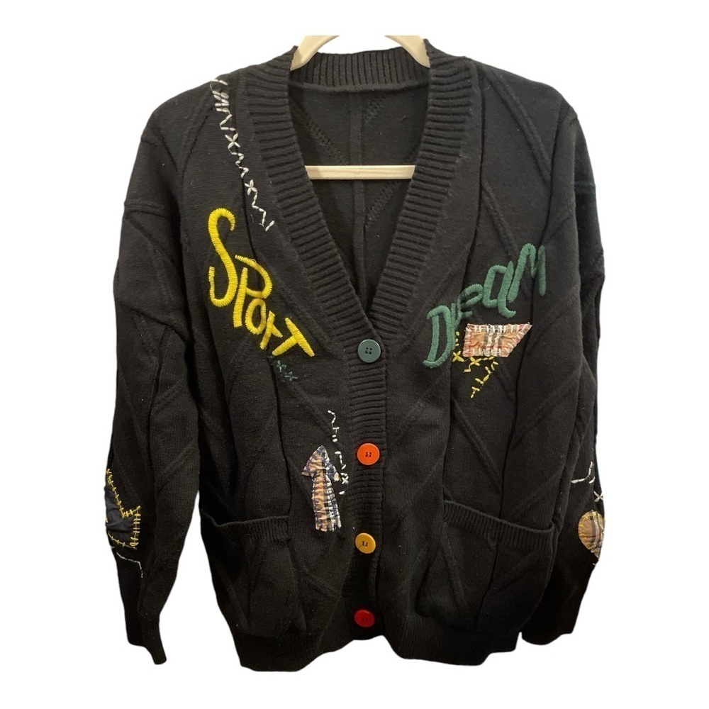Ebossy Cable Knit Cardigan Button Down Embroidered Sweater Size XL Black